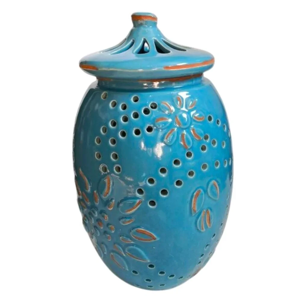 Pier 1 Blue Ceramic Cut Out‎ Vase/Candle Holder 13